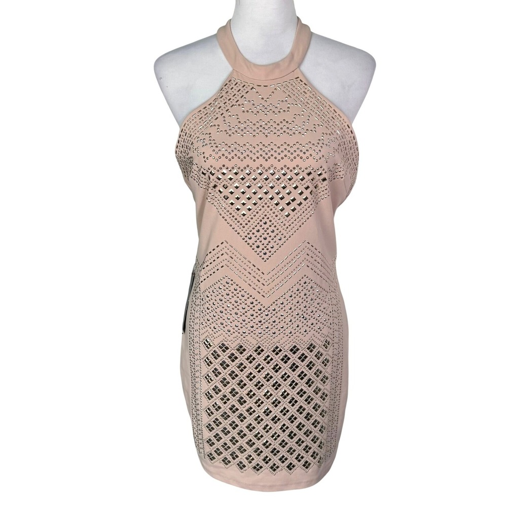 BEBE NWT Peachy Pink Mixed Metal Studded Halter Open Back Bodycon Mini Dress